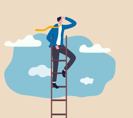 Ladder of success, vision to lead business to achieve goal or opportunity in career concept, smart confident businessman leader climb up to reach top of ladder high in the sky look forward to future.