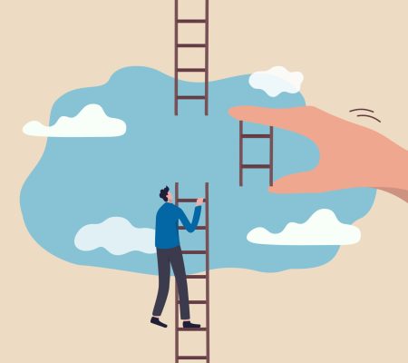 Helping hand, business support to reach career target or help to climb up ladder of success concept, businessman climbing up to top of broken ladder with huge helping hand to connect to reach higher.
